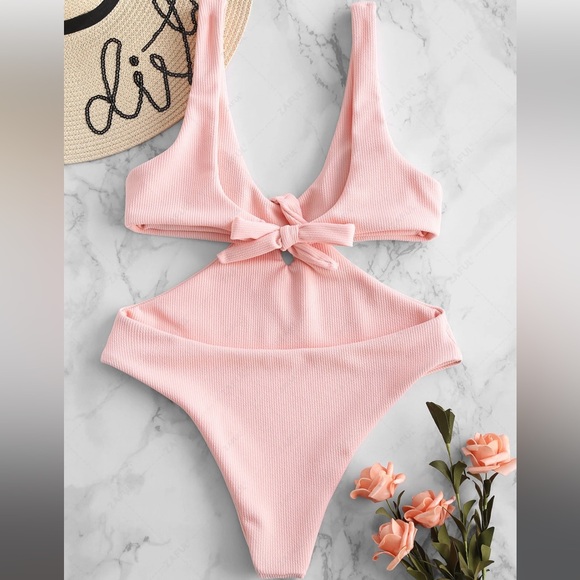 ZAFUL Ribbed Twisted Plunging Swimsuit - Light Pink M - Picture 2 of 2